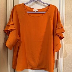 Umgee Vibrant Orange Blouse with Ruffle Sleeves